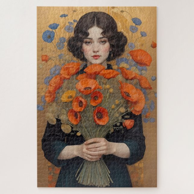 Elegant Woman Holding Bouquet von Mohnblumen Blume (Vertikal)
