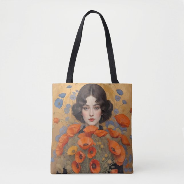Elegant Woman Holding Bouquet von Mohnblumen Blume Tasche (Vorderseite)