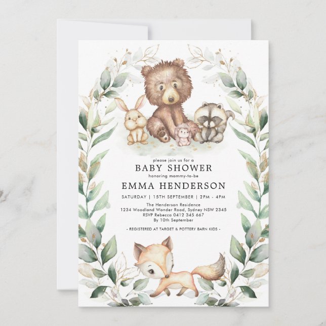 Elegant Woodland Animals Baby Shower Greenery Gold Einladung (Vorderseite)
