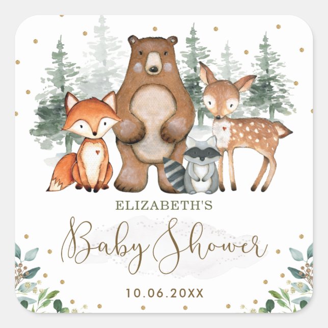 Elegant Woodland Animals Forest Greenery Gold Quadratischer Aufkleber (Vorderseite)