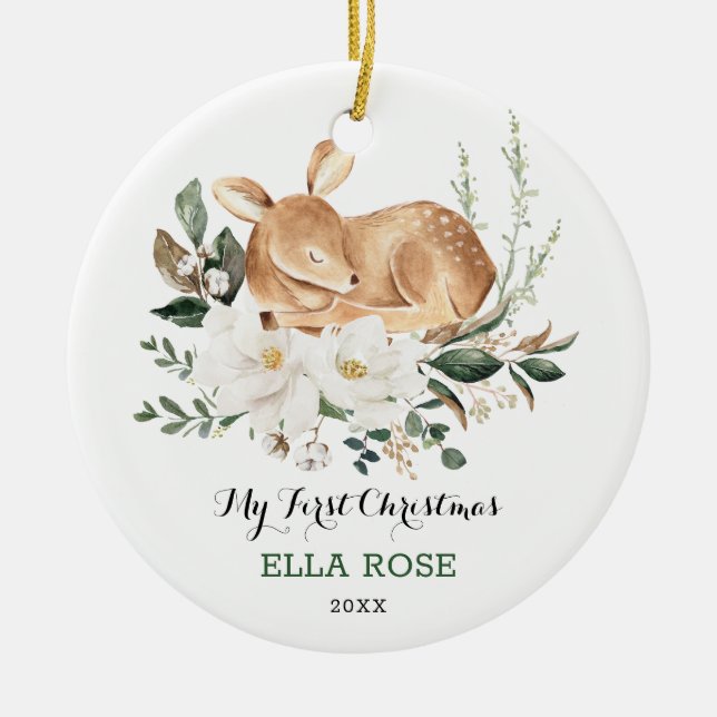 Elegant Woodland Deer Baby First Christmas Keramik Ornament (Vorne)
