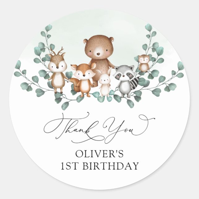 Elegant Woodland Eucalyptus Greenery Baby Animals Runder Aufkleber (Vorderseite)