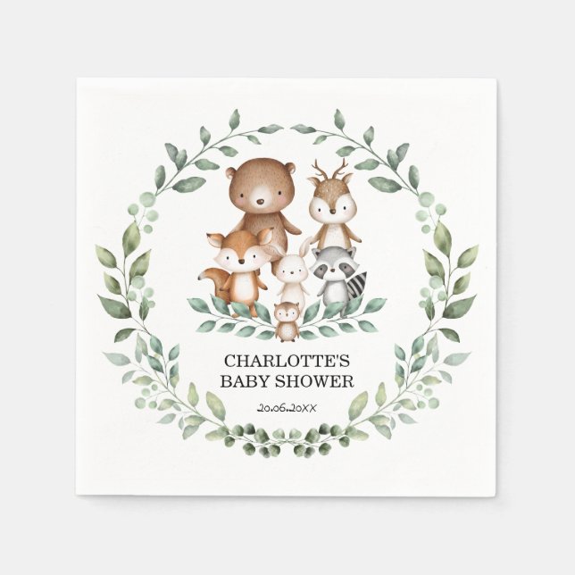 Elegant Woodland Greenery Animal Coed Baby Shower Serviette (Vorderseite)