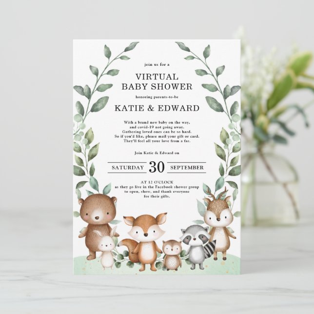 Elegant Woodland Greenery Virtual Baby Shower Einladung (Stehend Vorderseite)