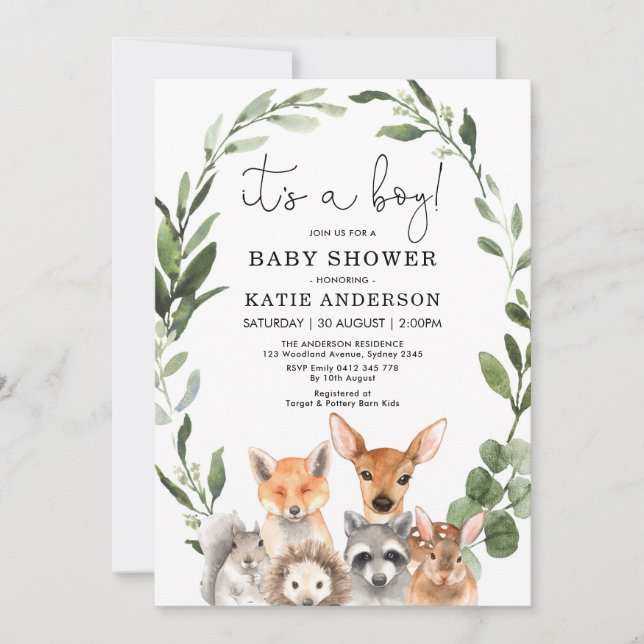 Elegant Woodland Grünpflanzen Tiere Kinderdusche Einladung (Vorderseite)