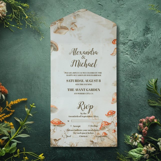 Elegant Woodland Mushroom Fern Wedding All In One Einladung (Von Creator hochgeladen)