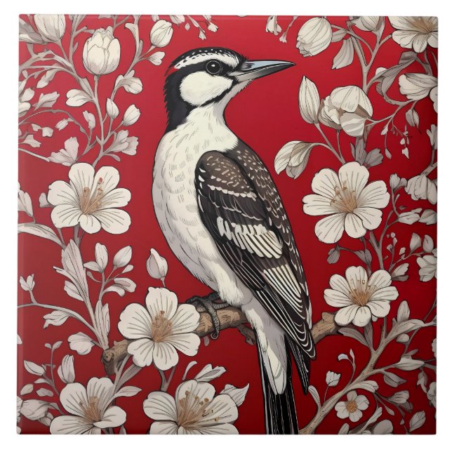 Elegant Woodpecker Floral William Morris Inspirier Fliese (Vorderseite)