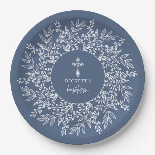 Elegant Wreath and Cross Blue Boy Baptism Pappteller (Vorderseite)