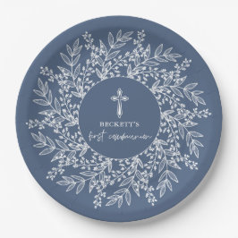 Elegant Wreath and Cross Blue Boy First Communion Pappteller