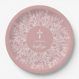 Elegant Wreath and Cross Pink Girl Baptism Pappteller