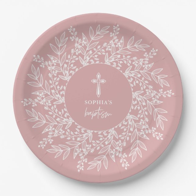 Elegant Wreath and Cross Pink Girl Baptism Pappteller (Vorderseite)