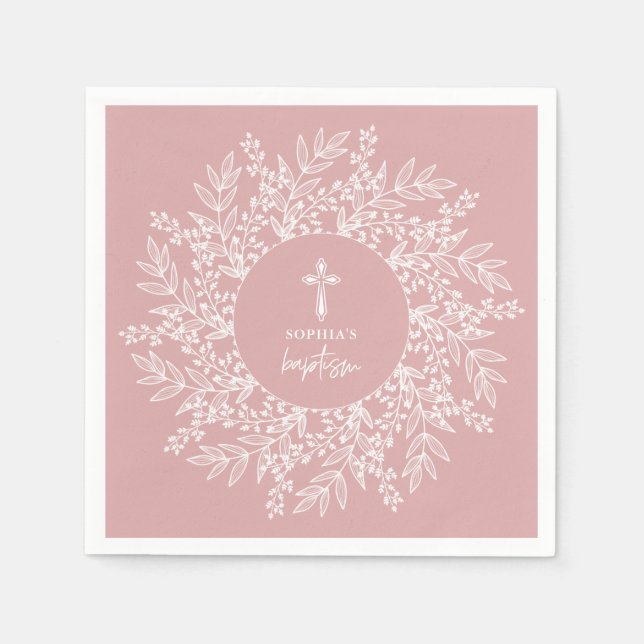 Elegant Wreath and Cross Pink Girl Baptism Serviette (Vorderseite)