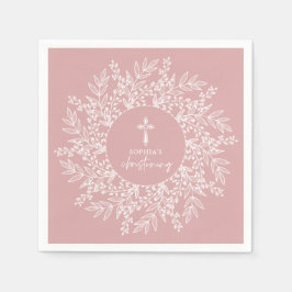 Elegant Wreath and Cross Pink Girl Christening Serviette
