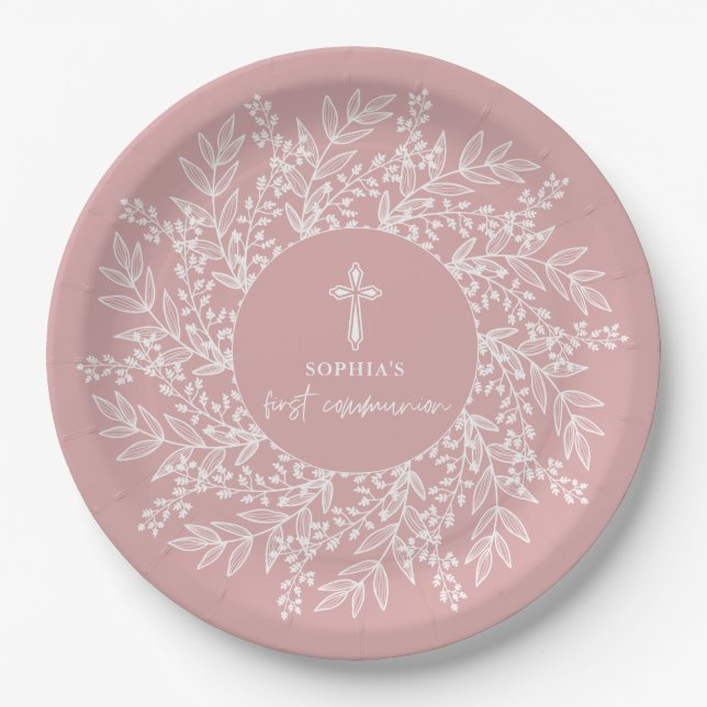 Elegant Wreath and Cross Pink Girl First Communion Pappteller (Vorderseite)