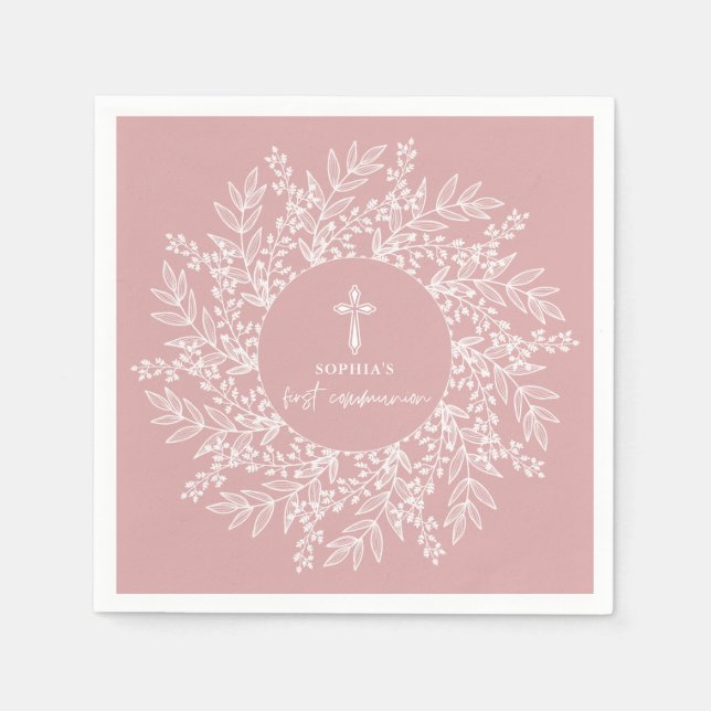 Elegant Wreath and Cross Pink Girl First Communion Serviette (Vorderseite)