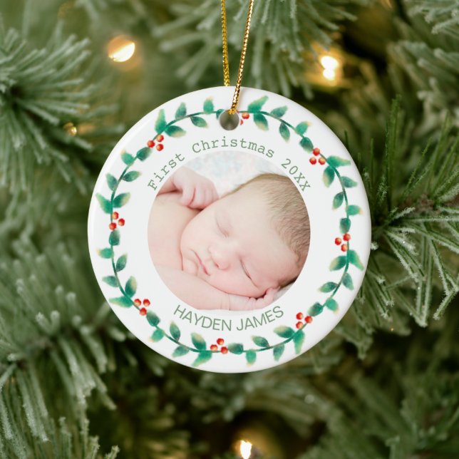 Elegant Wreath Baby's First Christmas Custom Foto Keramik Ornament (Baum)