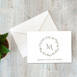 Elegant Wreath Green w Monogram und Names Dankeskarte