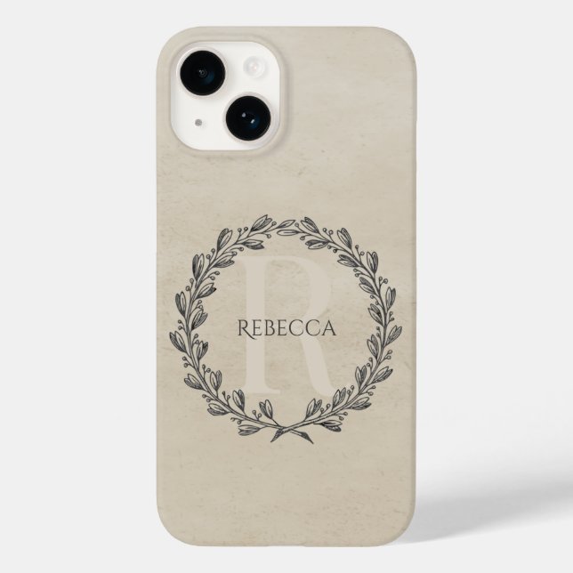 Elegant Wreath Monogram | Beige Case-Mate iPhone 14 Hülle (Rückseite)