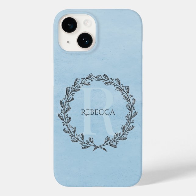 Elegant Wreath Monogram | Blau Case-Mate iPhone 14 Hülle (Rückseite)