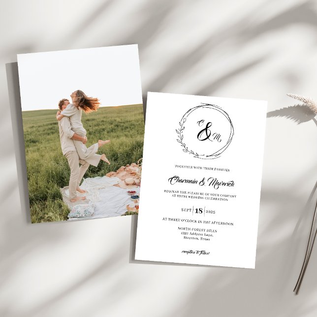 Elegant Wreath Monogram Foto Wedding Einladung (Von Creator hochgeladen)
