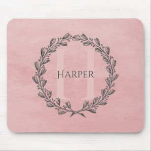Elegant Wreath Monogram   Pink Mouse Pad Mousepad