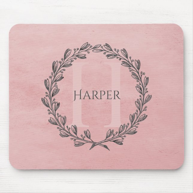 Elegant Wreath Monogram | Pink Mouse Pad Mousepad (Vorne)