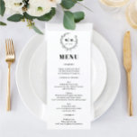 Elegant Wreath Monogram Wedding Menu Menükarte<br><div class="desc">Dieses klassische und elegante Design besticht durch einen beeindruckenden botanischen Kranz mit Monogramm und minimalen,  sauberen Schriftart. Bearbeiten Sie die Schriftart-Farben und das Wappen einfach,  indem Sie auf die Schaltfläche Design-Tool bearbeiten klicken. Sehen Sie sich die gesamte Kollektion an,  um mehr passende Artikel zu finden!</div>