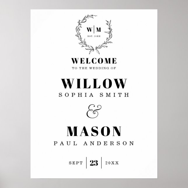 Elegant Wreath Monogram Wedding Welcome Sign Poster (Vorne)