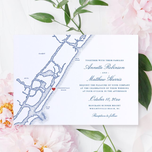 Elegant Wrightsville Beach NC Carte Mariage (Elegant Wrightsville Beach NC Wedding Invitation with navy blue Map from Coastal Map Designs)