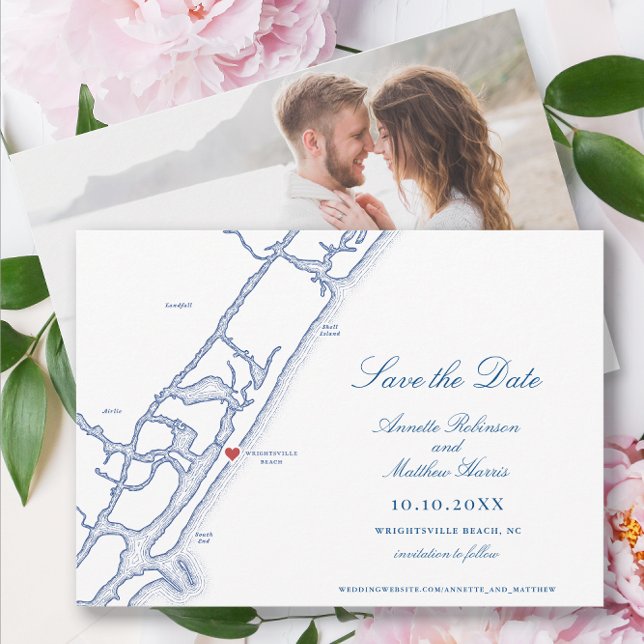 Elegant Wrightsville Beach NC Carte Mariage (Wrightsville Beach Wedding Save the Date with elegant navy blue North Carolina Map and photo back)
