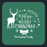 Elegant wünscht dir ein schlichtes CHRISTMAS-grüne Quadratischer Aufkleber<br><div class="desc">Einzigartige und elegante Typografie "Wish You A MERRY CHRISTMAS" mit Reh,  Bogen,  Schneeflocken und Ziergegenständen auf einem Imitat mit grünem Glitzer. Anpassen Sie das Tool,  um Ihren Namen hinzuzufügen. Für weitere Informationen besuchen Sie bitte die Weihnachtsquotes-Sammlung.</div>