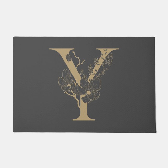 Elegant Y Boho Floral Monogram Initial Gray Gold Fußmatte (Vorderseite)