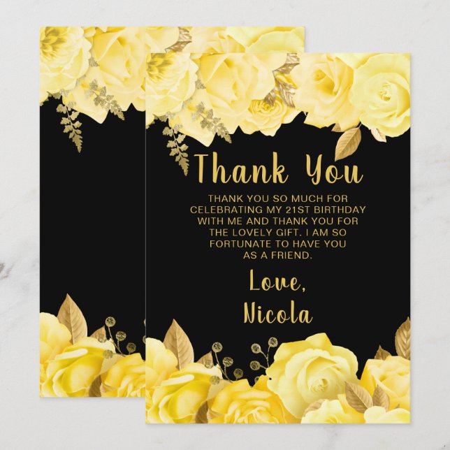 Elegant Yellow and Gold Flowers Birthday Party Dankeskarte (Vorne/Hinten)