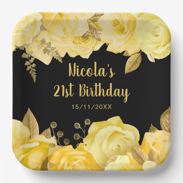 Elegant Yellow and Gold Flowers Birthday Party Pappteller (Vorderseite)