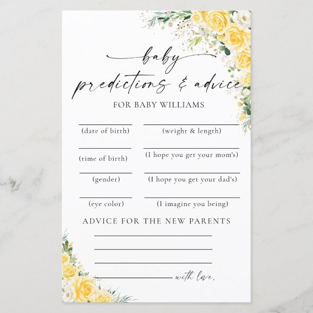 Elegant Yellow Baby Shower Predictions Card (Vorderseite)