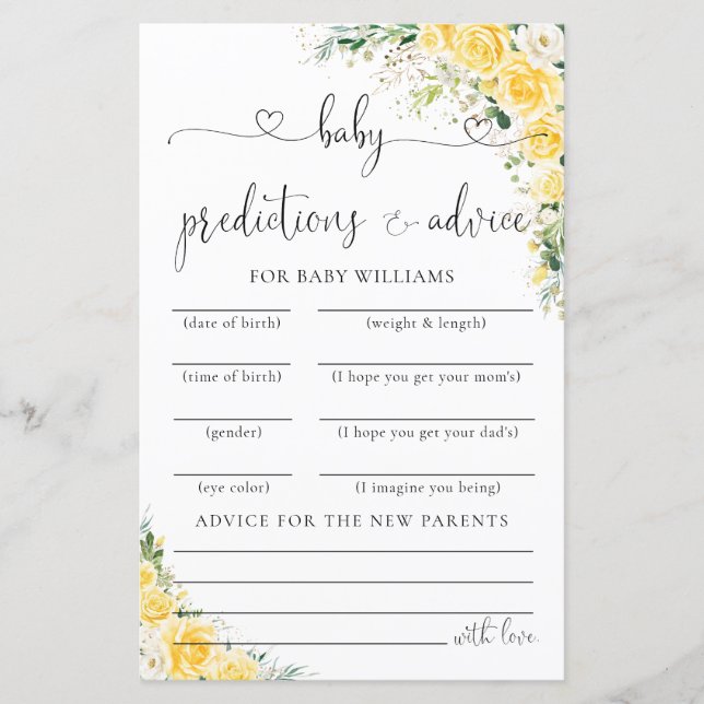 Elegant Yellow Baby Shower Predictions Card  (Vorderseite)