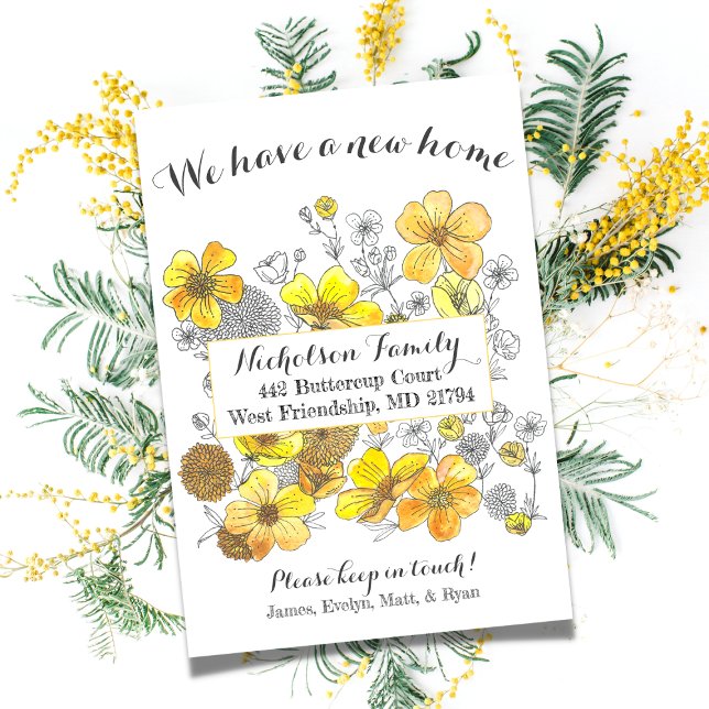 Elegant Yellow Buttercup Floral New Address Ankündigung (Von Creator hochgeladen)