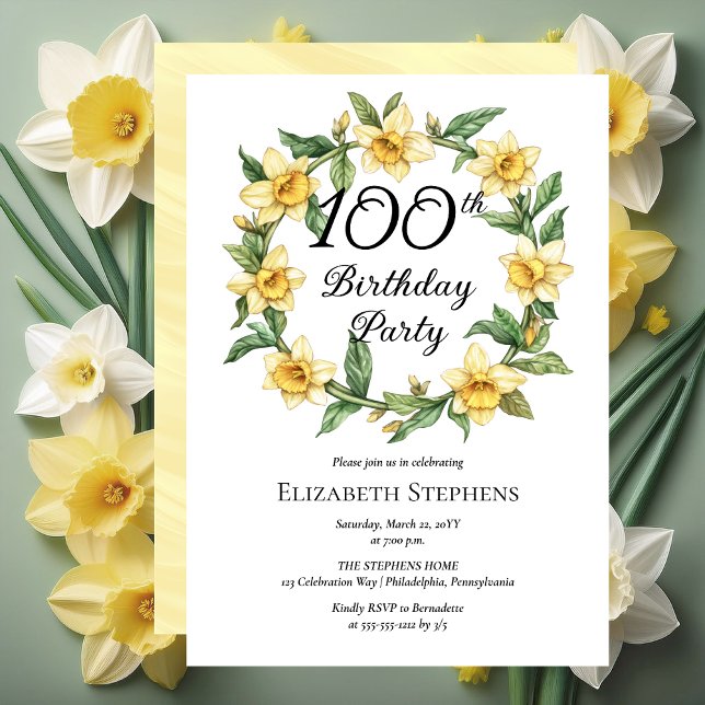 Elegant Yellow Daffodils Floral 100. Geburtstag Einladung (Elegant Yellow Daffodils Floral 100th Birthday Party Invitation -- Print | Download)