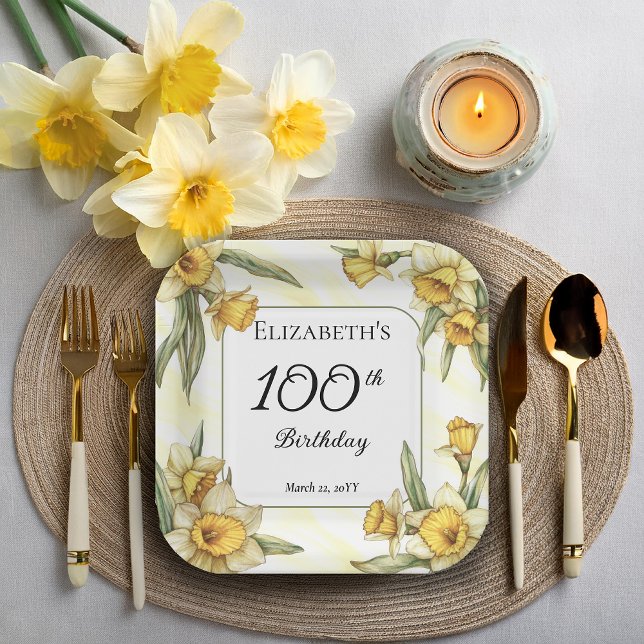 Elegant Yellow Daffodils Floral 100. Geburtstag Pappteller (Elegant Yellow Daffodils Floral 100th Birthday Party Square Paper Plates)