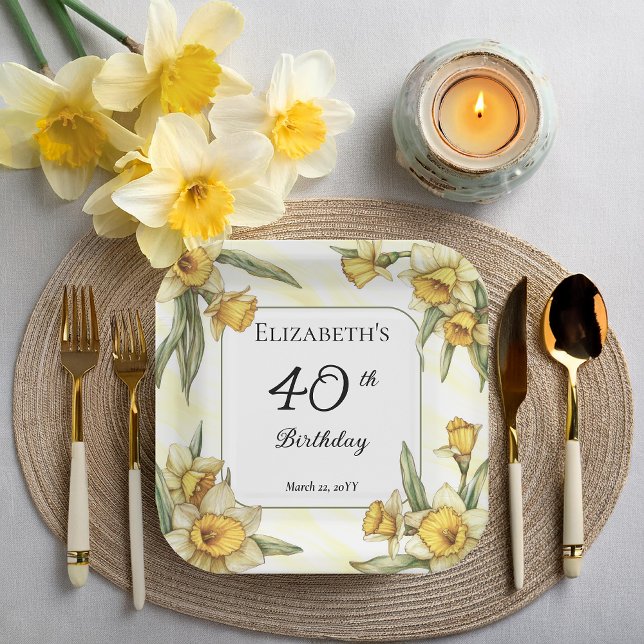 Elegant Yellow Daffodils Floral 40. Geburtstag Pappteller (Elegant Yellow Daffodils Floral 40th Birthday Party Square Paper Plates)