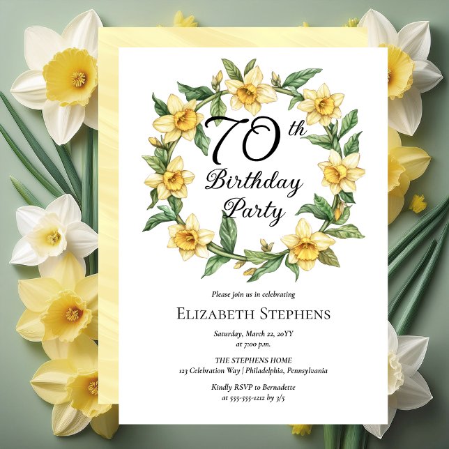 Elegant Yellow Daffodils Floral 70. Geburtstag Einladung (Elegant Yellow Daffodils Floral 70th Birthday Party Invitation -- Print | Download)
