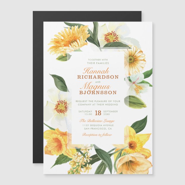Elegant Yellow Delicate Daffodils Blumenhochzeit Magneteinladung (Vorne/Hinten)
