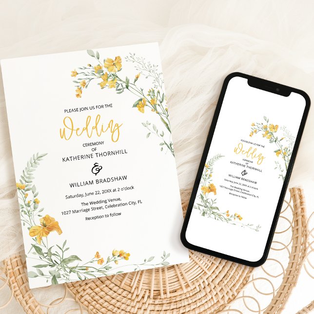 Elegant Yellow Floral Boho Hochzeitseinladung Einladung (Von Creator hochgeladen)