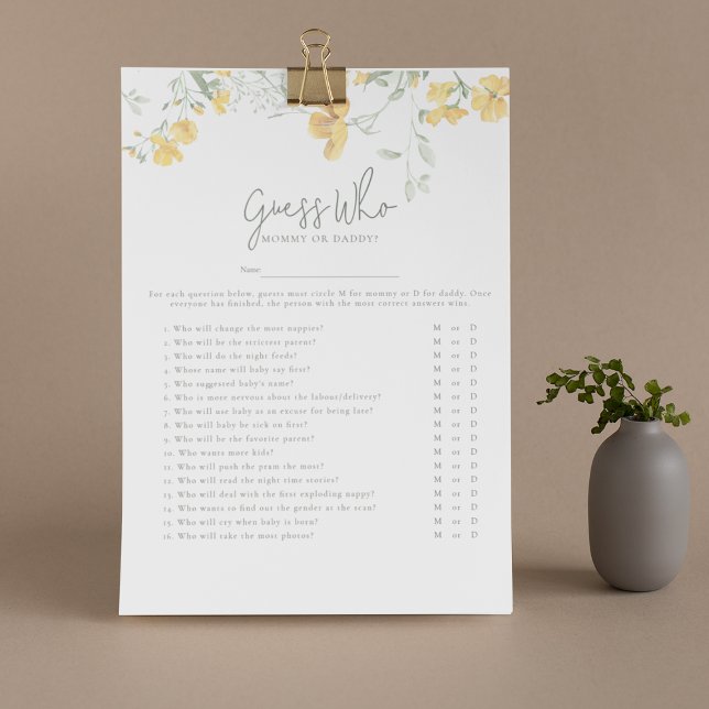 Elegant Yellow Floral 'Guess Who' Baby Shower Game Flyer (Von Creator hochgeladen)