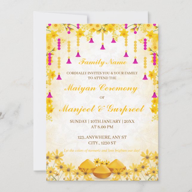 Elegant Yellow Floral Maiyan Zeremonie Einladung (Vorderseite)