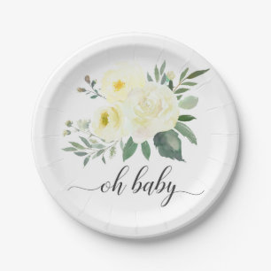 Elegant Yellow Floral Oh Baby Shower Plate Pappteller