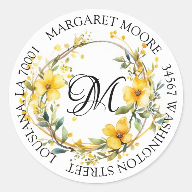 Elegant Yellow Floral Script Monogram Address Runder Aufkleber (Vorderseite)