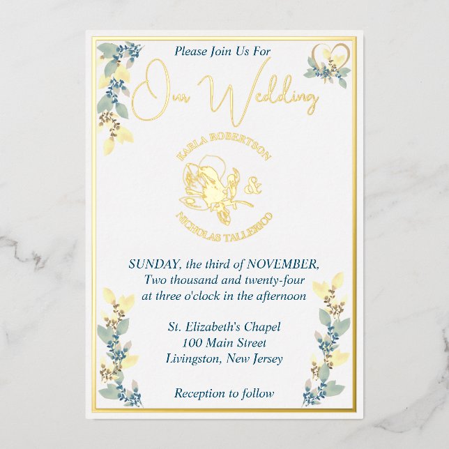 Elegant Yellow Floral Wedding Folieneinladung (Vorderseite)