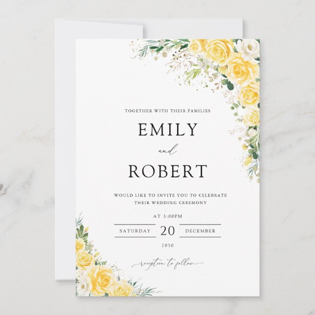Elegant Yellow Floral Wedding Invitation Einladung (Vorderseite)