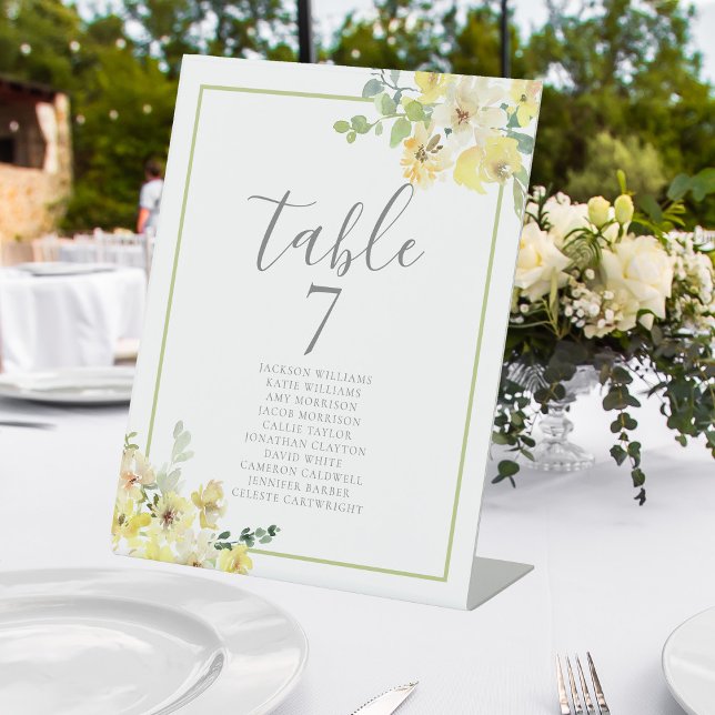 Elegant Yellow Floral Wedding Tischnummer w Names Sockelschild (Von Creator hochgeladen)